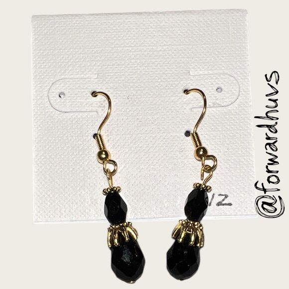 Bundle Sale 3 for $15 | Artisan Earrings – Black Faceted Beads – Gold-Tone Hooks - Picture 3 of 8